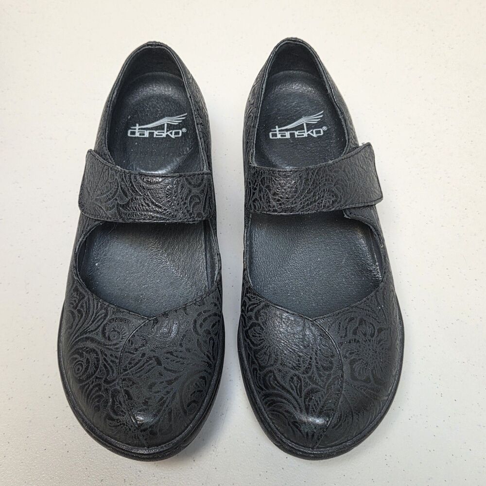 Dansko Mary Jane Black Floral Emboss Size 36 Clogs US 6 Leather
